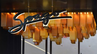 Nevada, ABD 2 Ekim 2018 Burası ünlü şef Wolfgang Puck 'ın Bellagio Las Vegas Oteli' ndeki şık Spago restoranının logosu