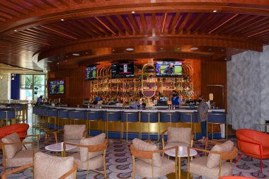 Nevada USA Sep 5, 2021 Comfortable seating is part of the furnishings at Brezza Italian restaurant located in The District at Resorts World Las Vegas