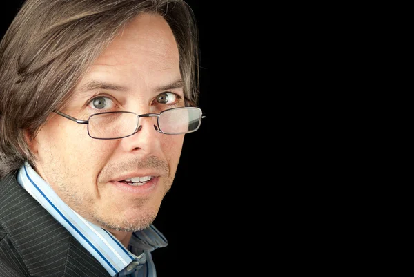 Anxious Businessman Wearing Reading Glasses Looks To Camera — Stock Photo, Image