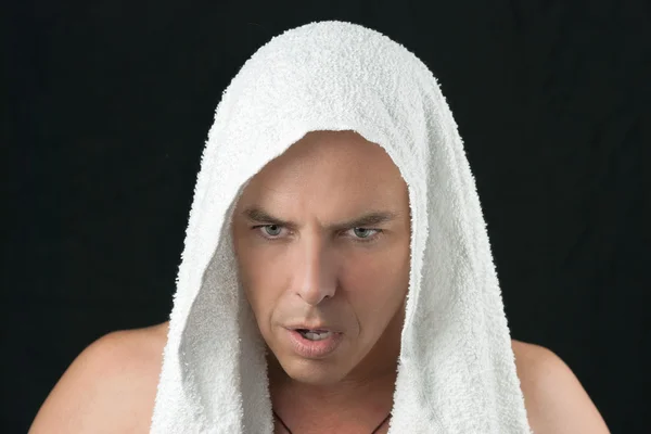 Intense Man Thinks, Workout Towel Over Head — Stock Photo, Image