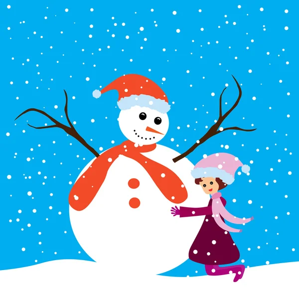 Happy girl and snowman — Stock Vector
