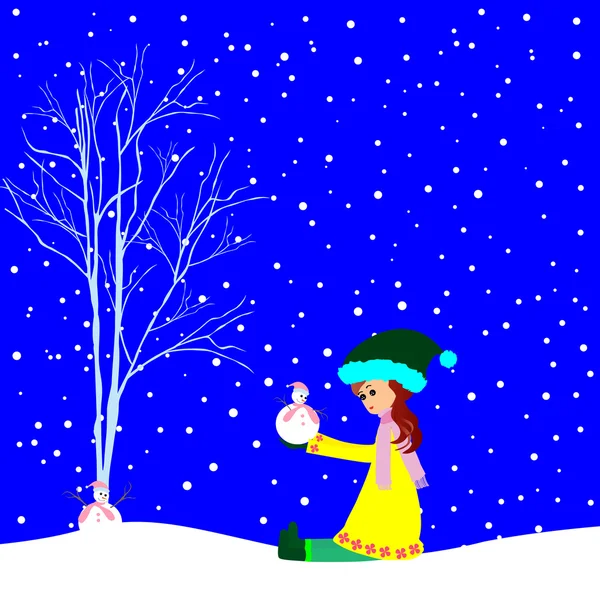 小女孩与小堆雪人 — 图库矢量图片