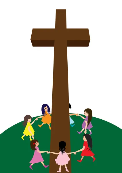 Children circle around a cross — Stock Vector