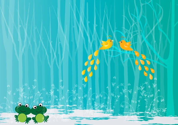 Aimer les oiseaux et les grenouilles dans la forêt — Image vectorielle