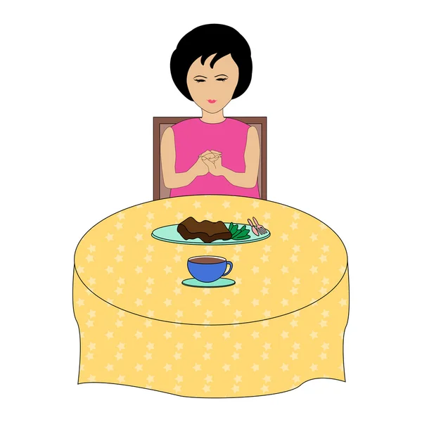 Chica rezando durante el almuerzo — Vector de stock