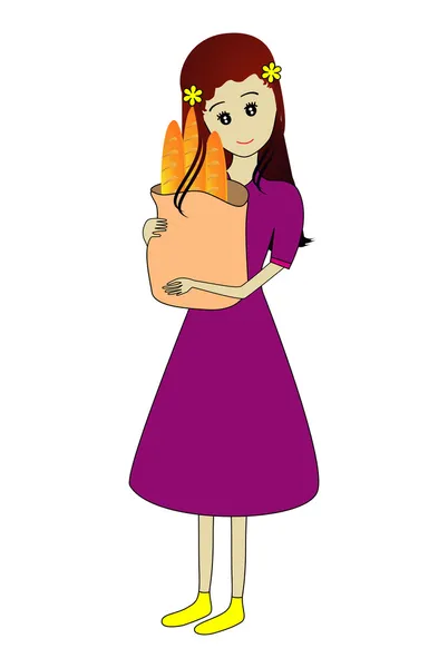 Chica sosteniendo una bolsa de comestibles — Vector de stock