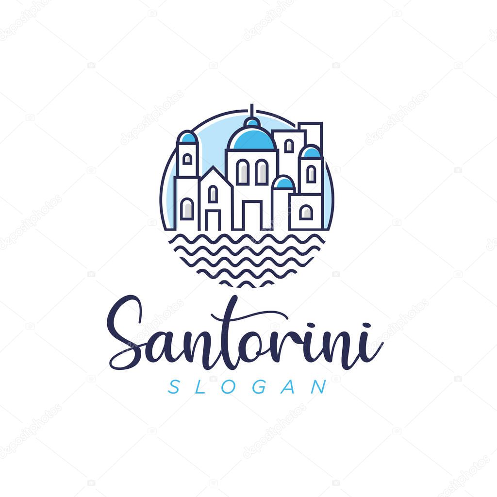 Santorini Aegean Sea Island Landmarks Travel Flat Concept Vector Illustration. Santorini greek island logo icon design template