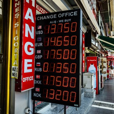 Marmaris, Türkiye - 01 Mayıs 2022 - Bankadaki dijital ekranda değişim oranı