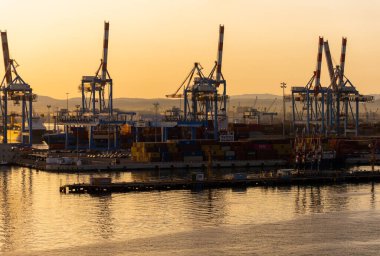 Haifa, Israel - May 9, 2022 - Haifa's industrial port at sunrise