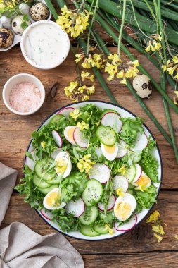 Tahta arka planda salatalıklı ve turplu bahar salatası.