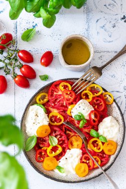 Domatesli salata, dolma biber, fesleğen ve burrata peyniri.