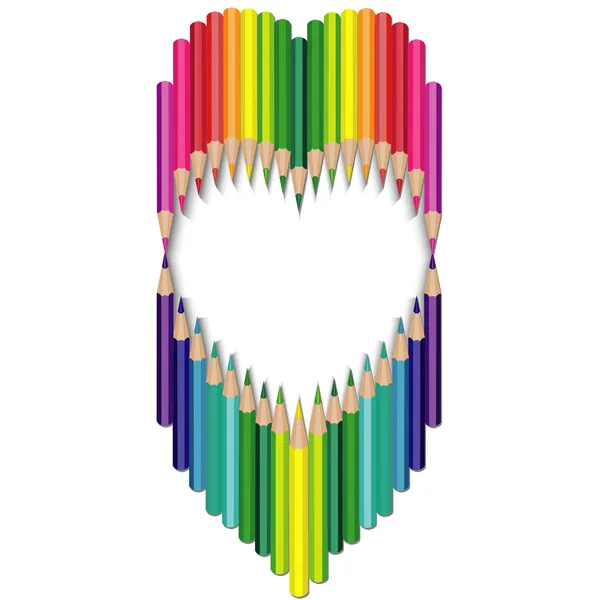 Lápices de colores enmarcan el corazón en forma de espacio de copia para texto aislado sobre fondo blanco — Vector de stock