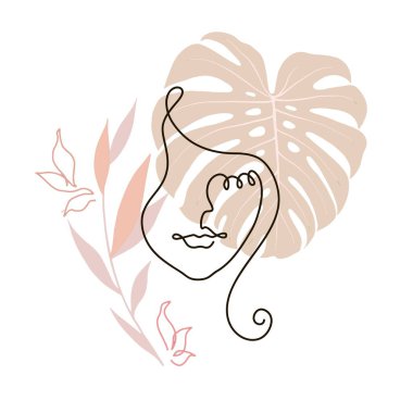 Genç bir kadının kolaj portresi minimalist tropikal bitkilerle sürekli çizgi kolajı, modern güzellik moda konsepti için pembe arka planda soyut moda tarzı.