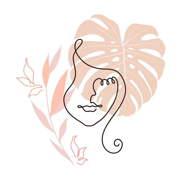 以简约 抽象的流行风格在粉红背景上对热带植物进行连续线条拼贴的年轻女子拼贴肖像画 以体现现代美感时尚理念 — 图库矢量图片