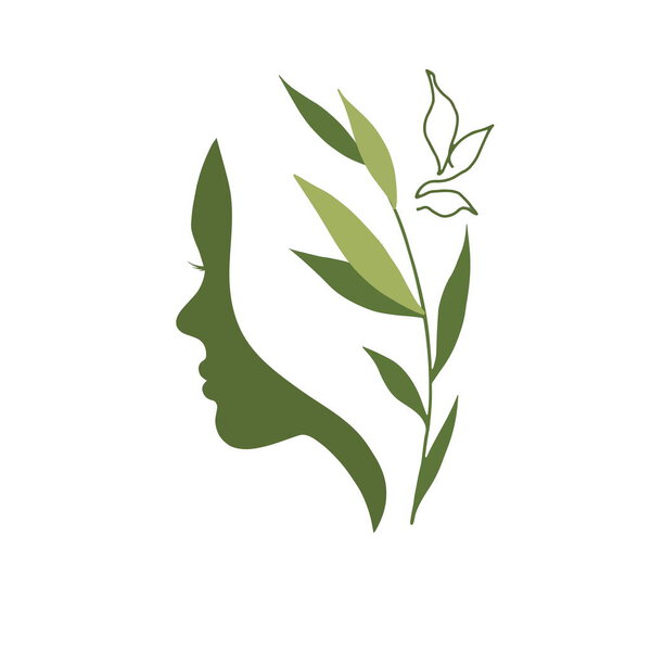 Collage portrait of young woman line collage with tropical plants in minimalist, abstract trendy style on pink background for modern beauty fashion concept.