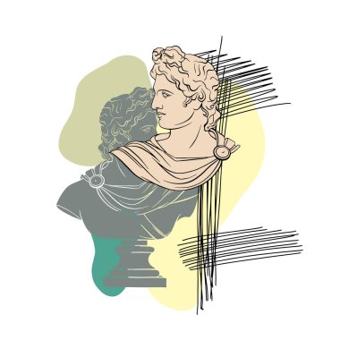 Apollo 'nun antika kafasının el resmi izole edilmiş. Bir kartpostal şablonu, poster, afiş, tişört baskısı, rozet, şerit.