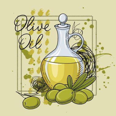 Elle çizilmiş zeytin, cam şişe, çiftçiler için zeytin yağı ambalaj tasarımı pankartları. Retro biçiminde vektör illüstrasyonu.