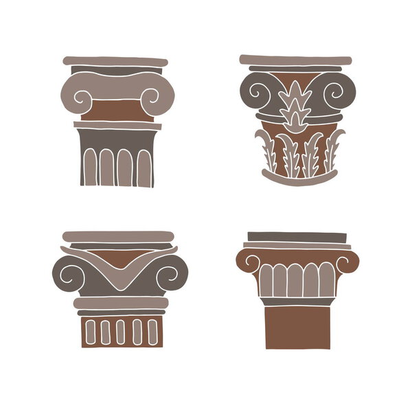 Set of classic columns in different styles. Vector graphics