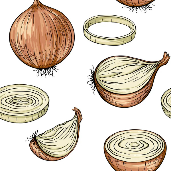 Brown Yellow Onions Whole Peeled Half Onion Rings Slices Fresh — Vector de stock