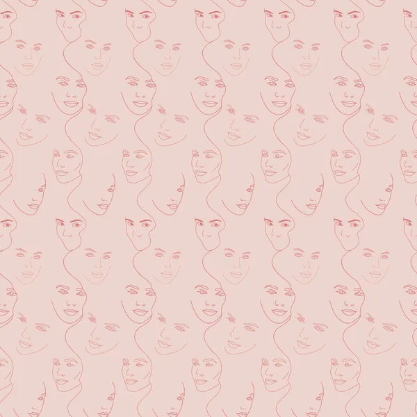 Vector Seamless Pattern Line Art Woman Faces Linear Background Use — ストックベクタ