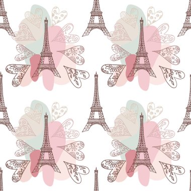 Vector Eiffel towers shapes romantic seamless pattern on pink background. Hand drawn. Wrapping paper, wallpaper, , fashion textile print, valentine gift cards, wedding invitations, travel brochures