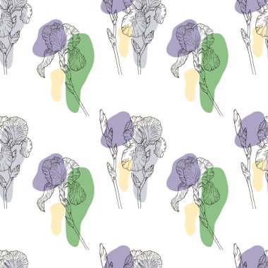 IRIS. Seamless floral pattern. Hand drawn illustration of purple iris. Beautiful flowers.
