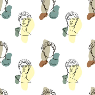 Seamless pattern with ancient greek sculptures. Linear head of David. God antique statue. Trendy vector illustration in one line drawing style.