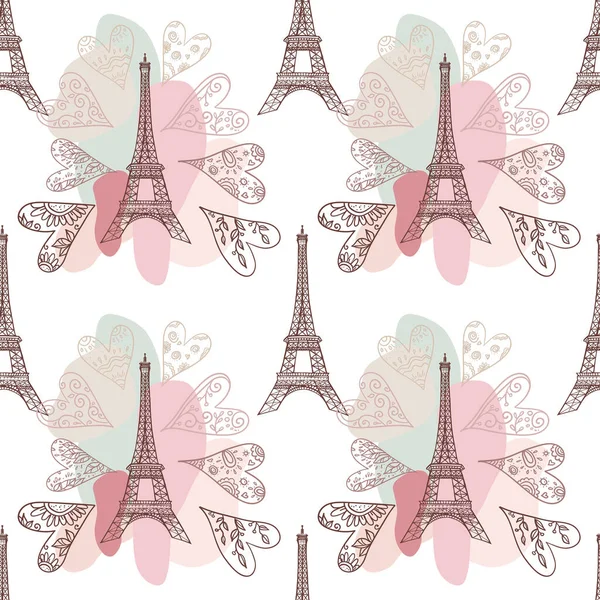 Vector Eiffel towers shapes romantic seamless pattern on pink background. Hand drawn. Wrapping paper, wallpaper, , fashion textile print, valentine gift cards, wedding invitations, travel brochures