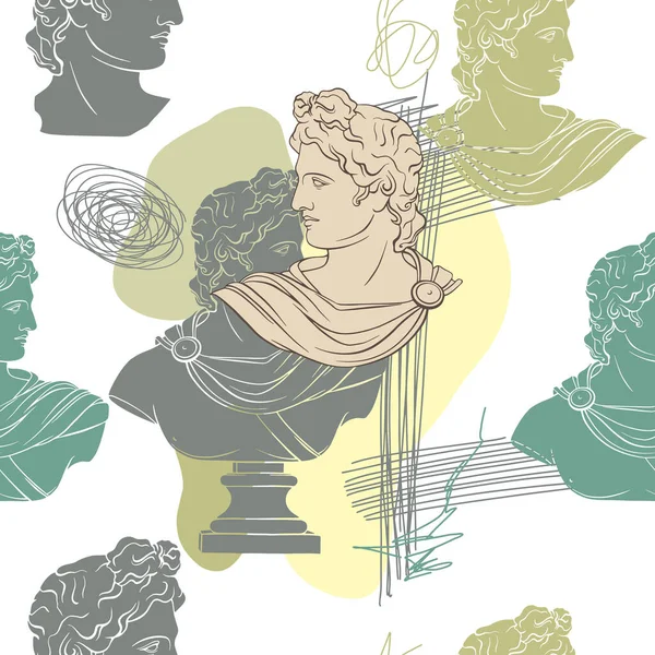 阿波罗雕像的几何石膏头 简约明亮的色彩拼贴 创意无缝壁纸 一个英俊男子的手绘风格形象 矢量图解 织物印花组合 — 图库矢量图片