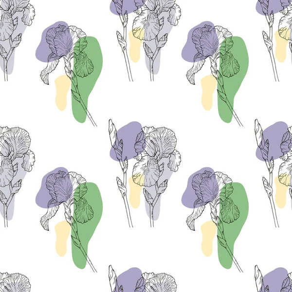 IRIS. Seamless floral pattern. Hand drawn illustration of purple iris. Beautiful flowers.