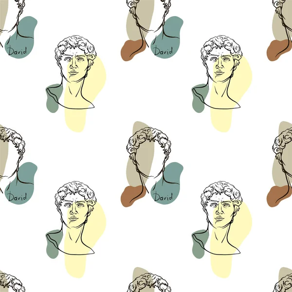 Seamless pattern with ancient greek sculptures. Linear head of David. God antique statue. Trendy vector illustration in one line drawing style.