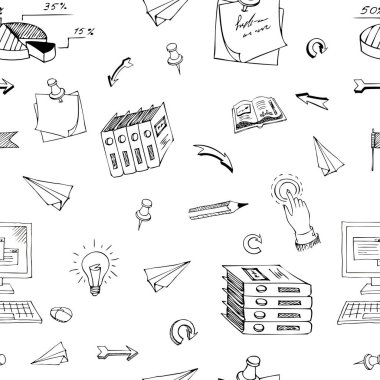 Hand drawn business seamless pattern with financial doodle sketch elements hourglass, book, arrow, graph, chart, laptop, tool. Vector illustration.