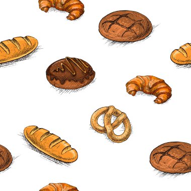 Seamless bakery sketch, hand drawn vector illustration, beautiful fresh bread