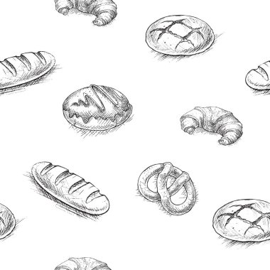Seamless bakery sketch, hand drawn vector illustration, beautiful fresh bread