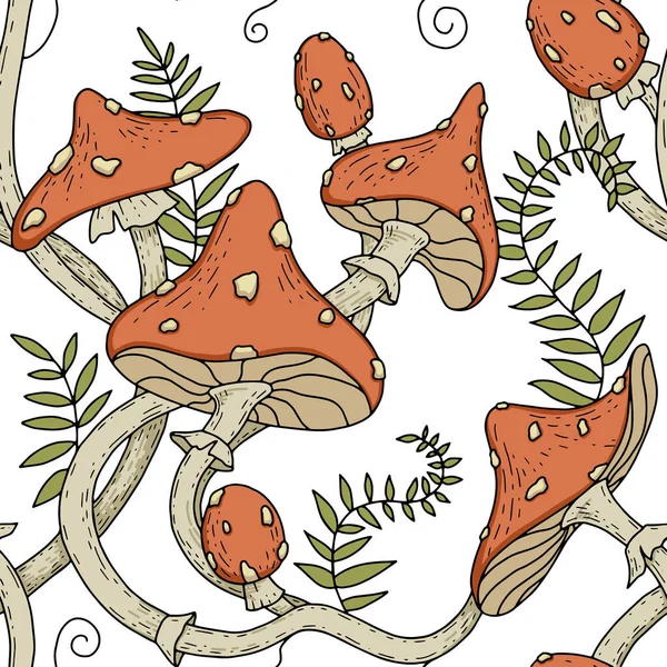 Modèle Sans Couture Champignons Toxiques Mouche Agaric Feuilles Tabouret Illustration — Image vectorielle