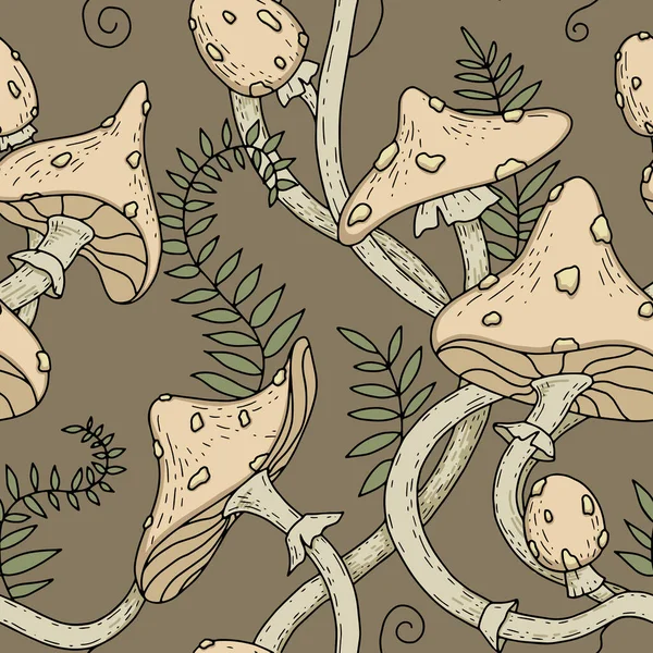 シームレスなパターン毒キノコは 農業用キノコの葉のベクトル図を飛ぶ生地 包装のための創造的な秋のテクスチャ — ストックベクタ