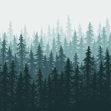 Orman arka planı, doğa, manzara. Evergreen kozalaklı ağaçlar. Çam, çam, noel ağacı. Siluet vektörü, kusursuz desenler