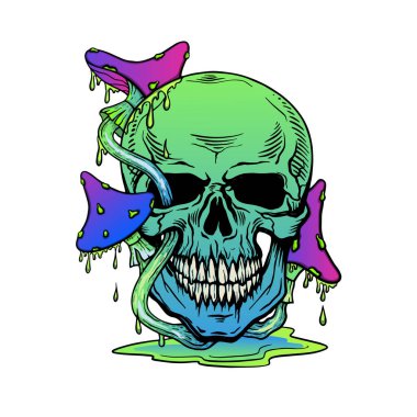 Mantar kafası, kafasında mantar olan vektör kafatası beyaz arka planda izole edilmiş. Dövme. Eski model. Phsycodelic sanat