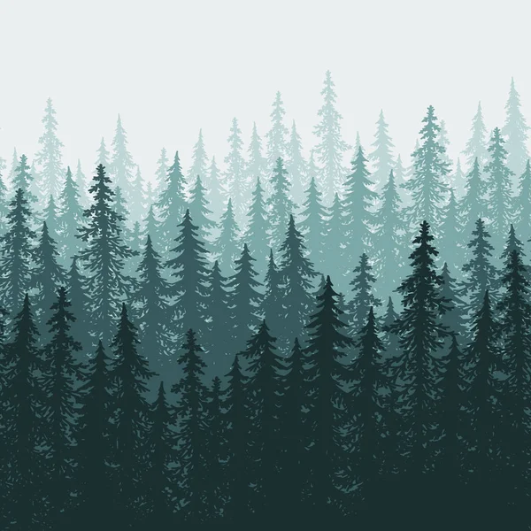 Bosachtergrond Natuur Landschap Evergreen Naaldbomen Dennen Sparren Kerstboom Silhouet Vector — Stockvector