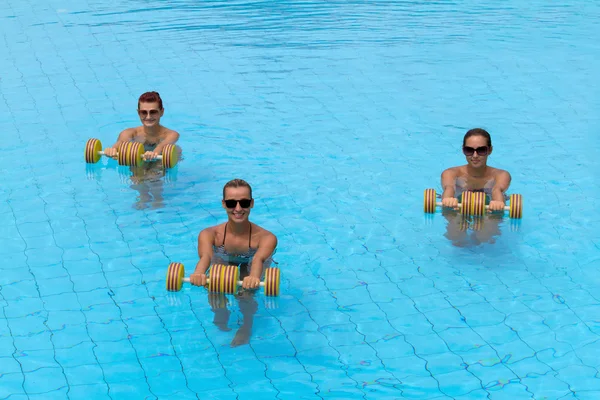 Pessoas de aptidão ativa feliz fazendo exercício com haltere aqua — Fotografia de Stock