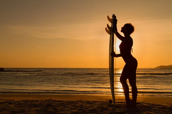 Rear view of beautiful sexy young woman surfer girl in bikini with white surfboard on a beach at sunset or sunrise — Stock Photo, Image