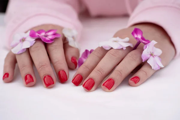 Manicure unghie rosse mano delle donne — Foto Stock