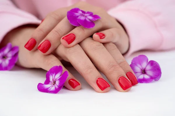 Gemanicuurde rode nagels vrouwen hand — Stockfoto