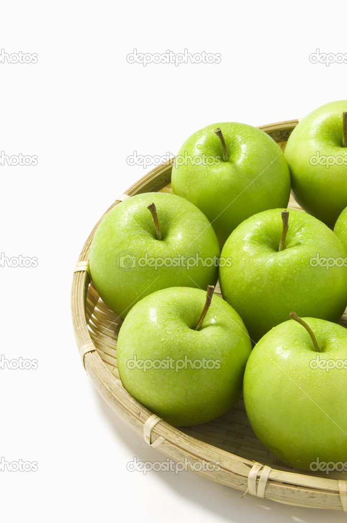 Green Apples In Wicker Basket On White Background