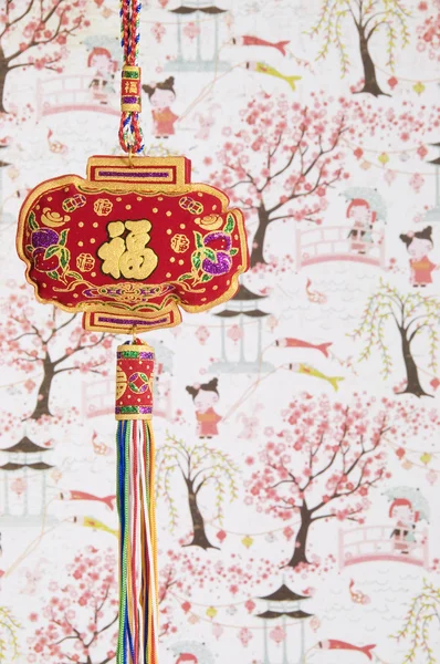 Chinese Hanging Decoration and Blossom Tree Background — Stock Photo, Image