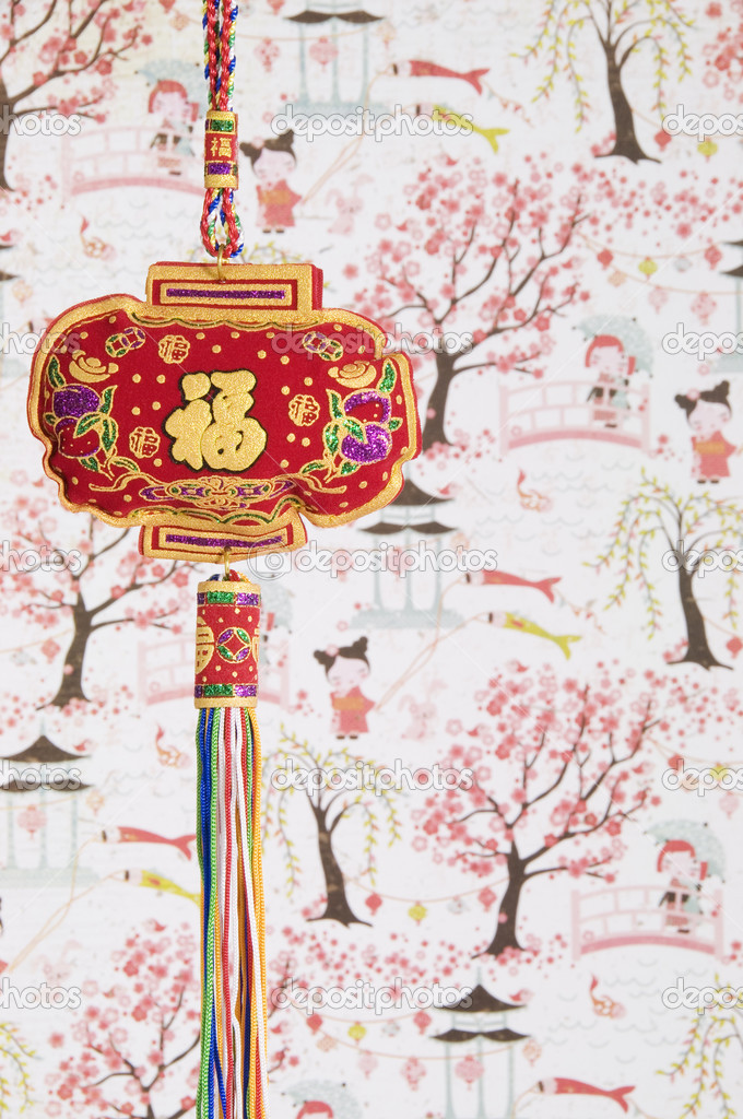 Chinese Hanging Decoration and Blossom Tree Background