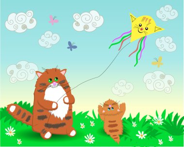 Baba ve bebek kediler uçurtma başlatma