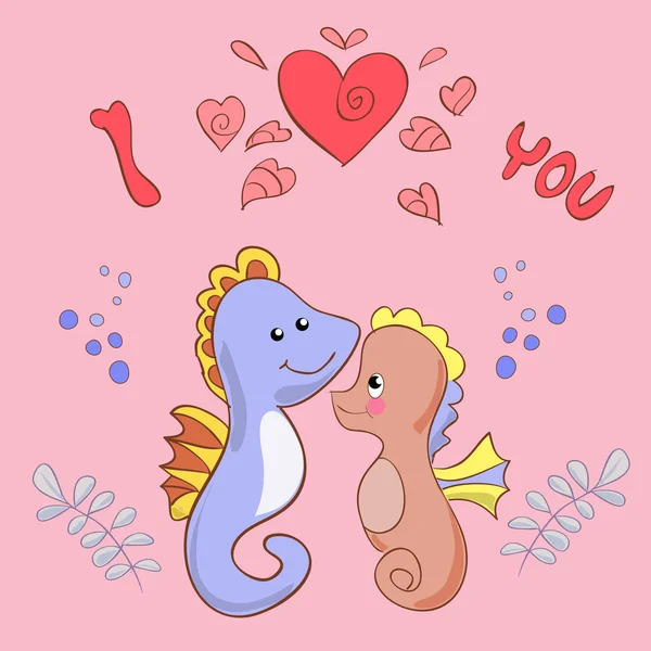 Amantes de los caballitos de mar tarjeta de felicitación para el día de San Valentín — Vector de stock
