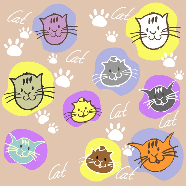 Seamless set different colors cats with inscription and paw prin — Stock Vector