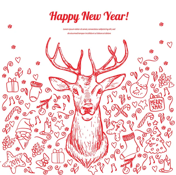 Christmas card with deer in vector, doodle hand drawn element — Stock Vector